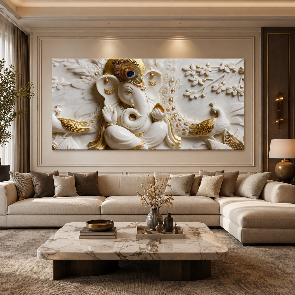 Spiritual 3D Ganesha Painting with Peacock Design and Golden Embossed Details for Home