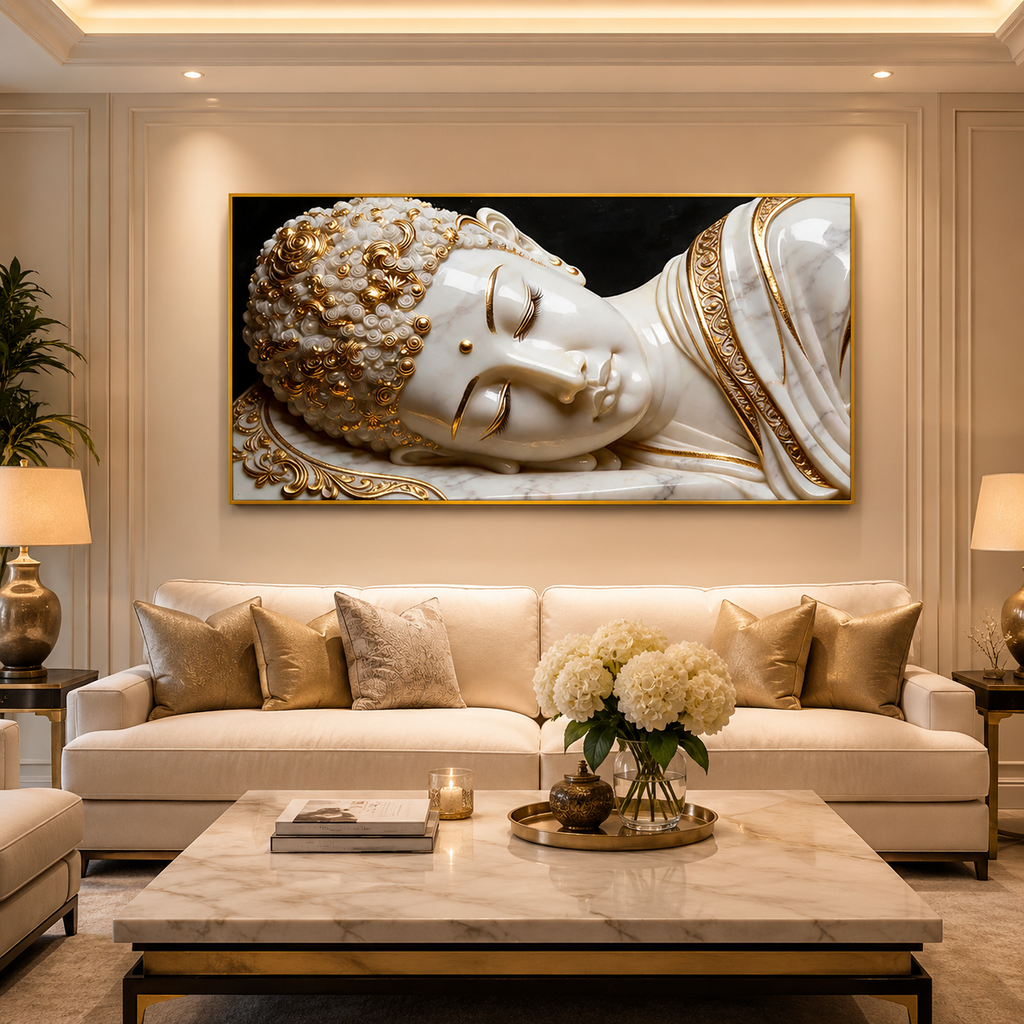 Divine 3D Buddha Wall Painting with White Marble Look and Rich Golden Ornamental Accents