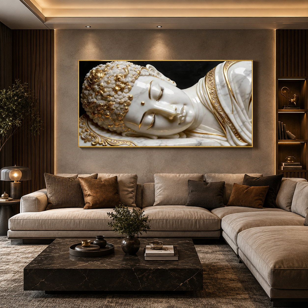Divine 3D Buddha Wall Painting with White Marble Look and Rich Golden Ornamental Accents