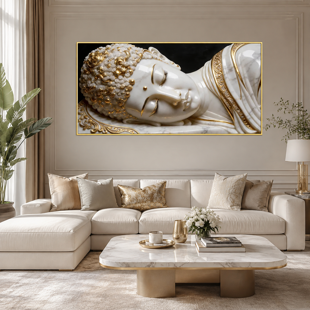 Divine 3D Buddha Wall Painting with White Marble Look and Rich Golden Ornamental Accents