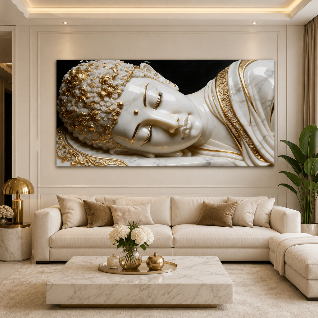 Divine 3D Buddha Wall Painting with White Marble Look and Rich Golden Ornamental Accents