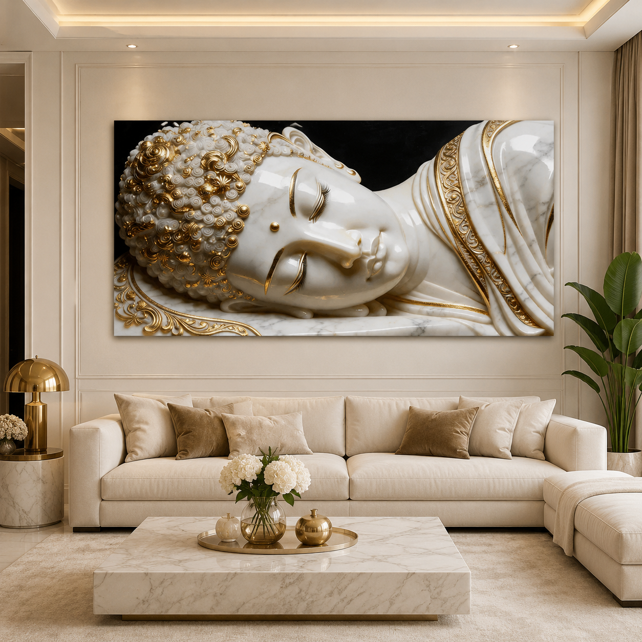 Divine 3D Buddha Wall Painting with White Marble Look and Rich Golden Ornamental Accents