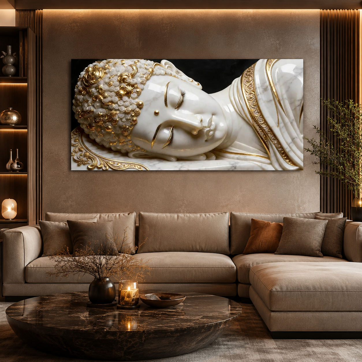 Divine 3D Buddha Wall Painting with White Marble Look and Rich Golden Ornamental Accents