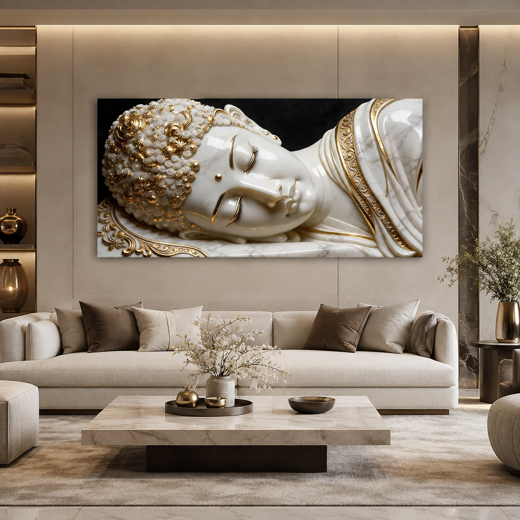 Divine 3D Buddha Wall Painting with White Marble Look and Rich Golden Ornamental Accents