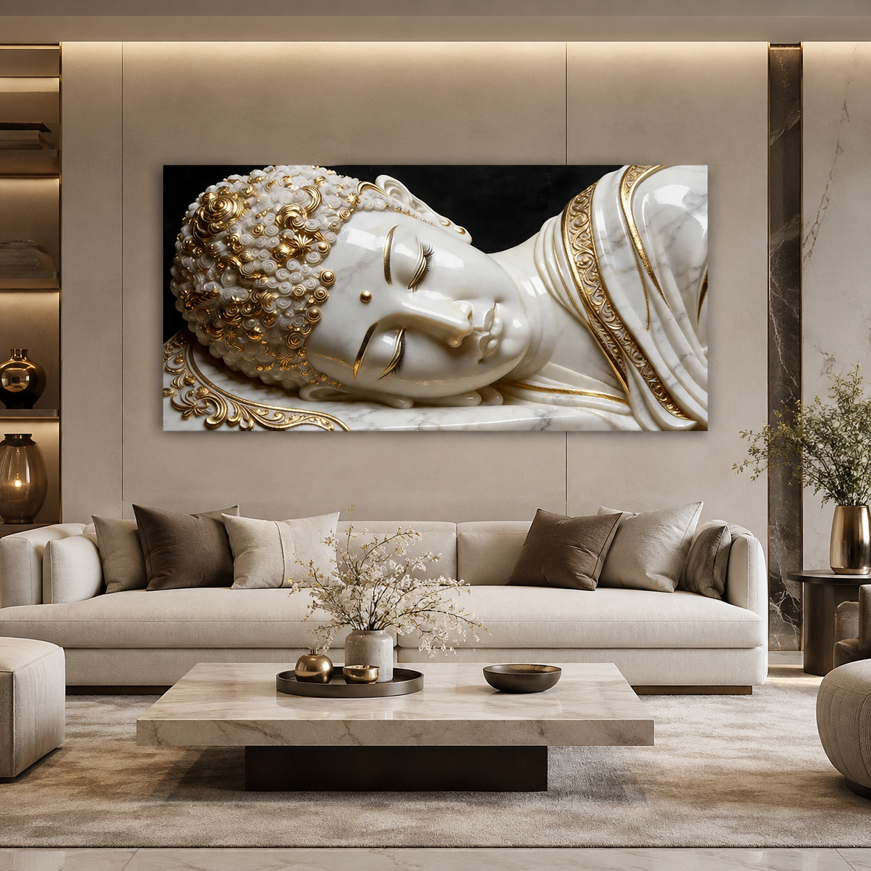 Divine 3D Buddha Wall Painting with White Marble Look and Rich Golden Ornamental Accents