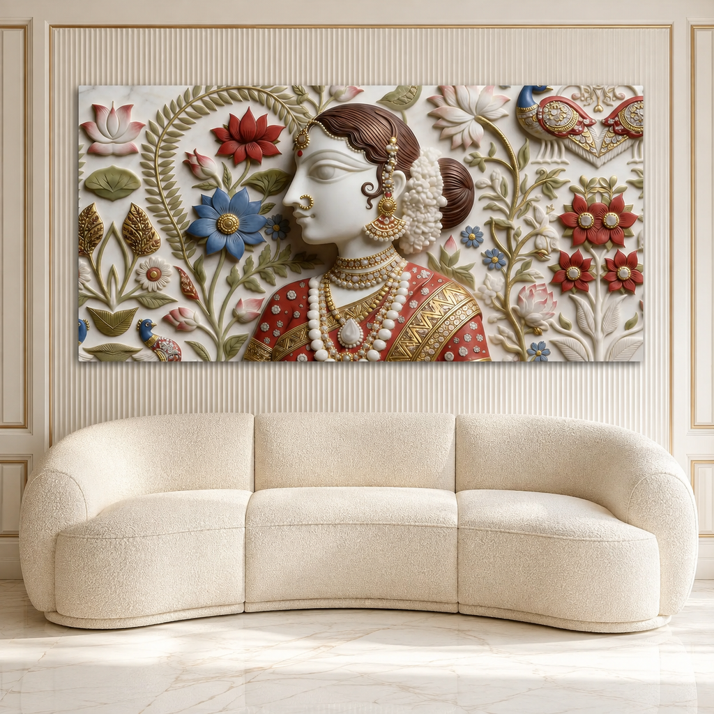 Luxury Indian Woman 3D Wall Painting with Floral Motifs and Traditional Jewelry
