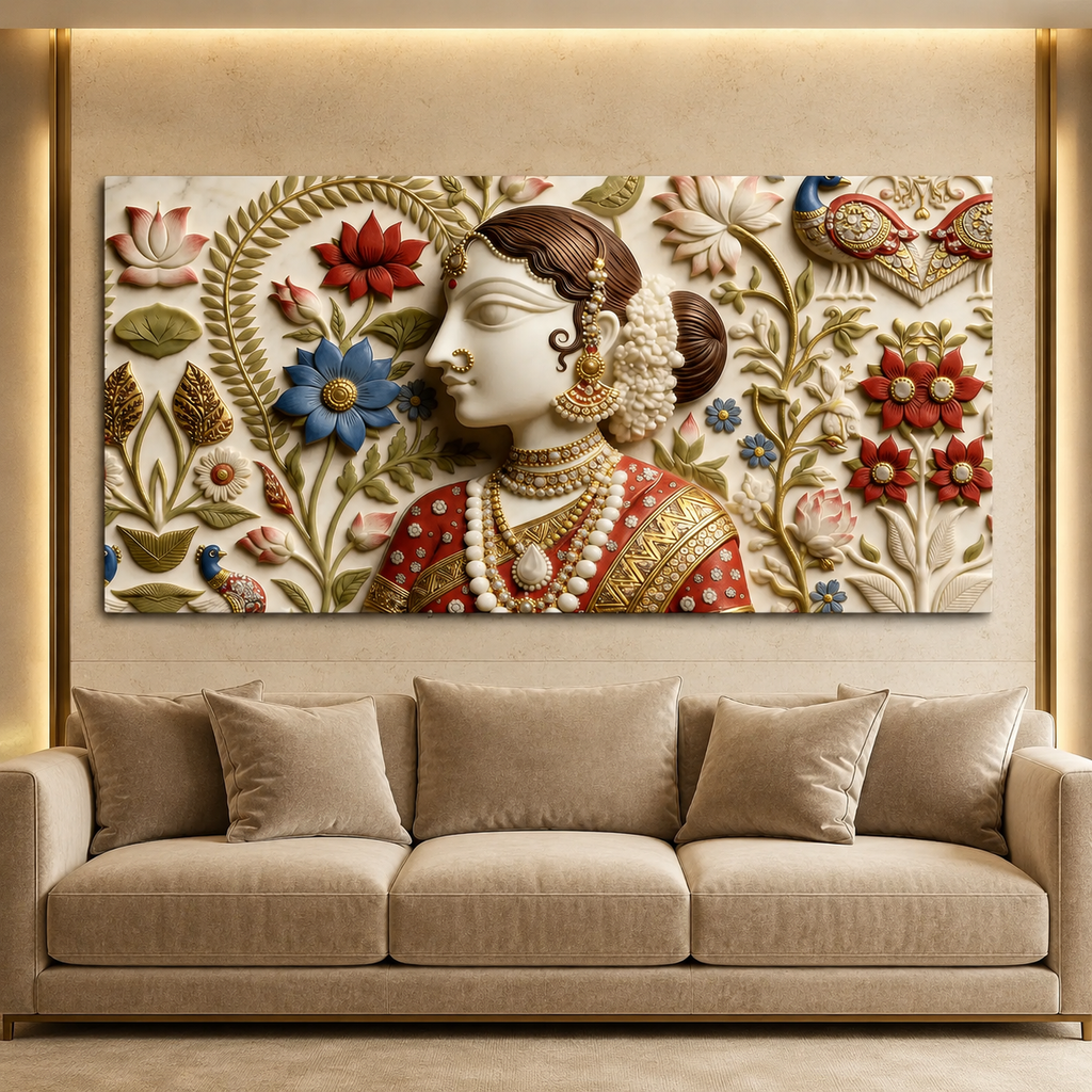 Luxury Indian Woman 3D Wall Painting with Floral Motifs and Traditional Jewelry