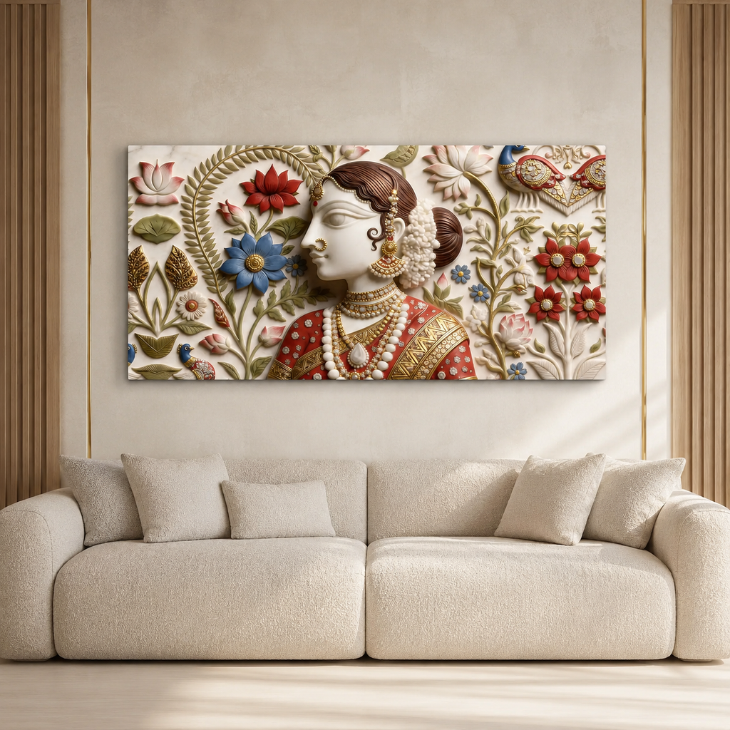 Luxury Indian Woman 3D Wall Painting with Floral Motifs and Traditional Jewelry