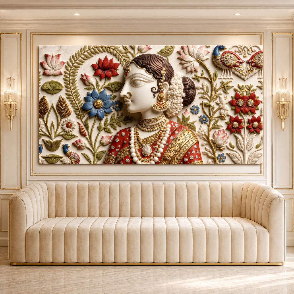 Luxury Indian Woman 3D Wall Painting with Floral Motifs and Traditional Jewelry