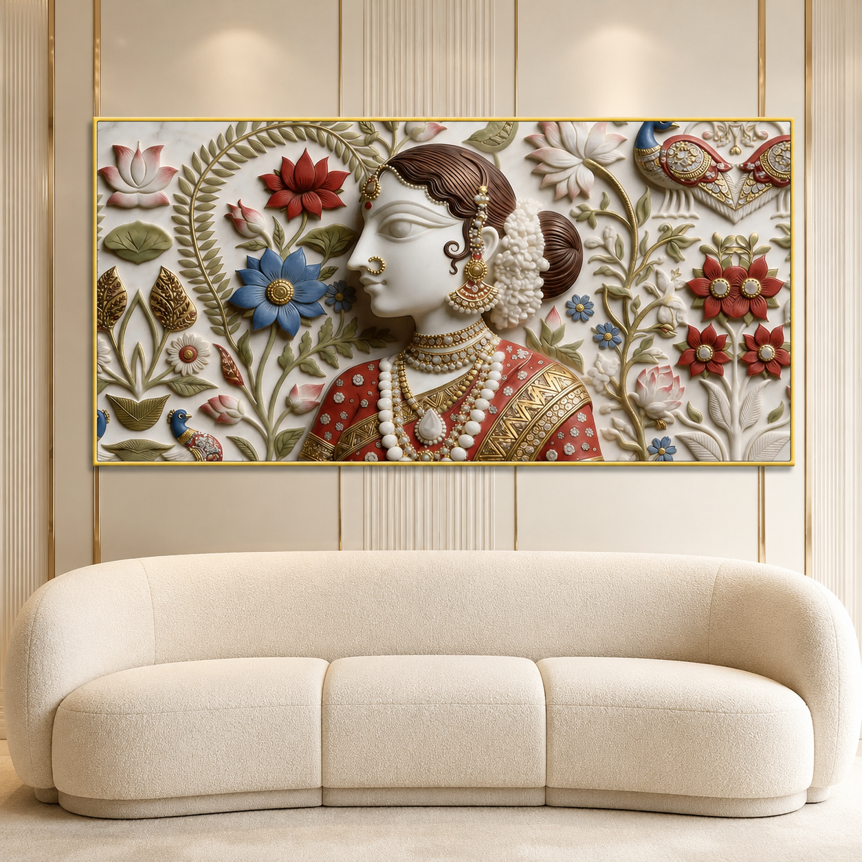 Luxury Indian Woman 3D Wall Painting with Floral Motifs and Traditional Jewelry