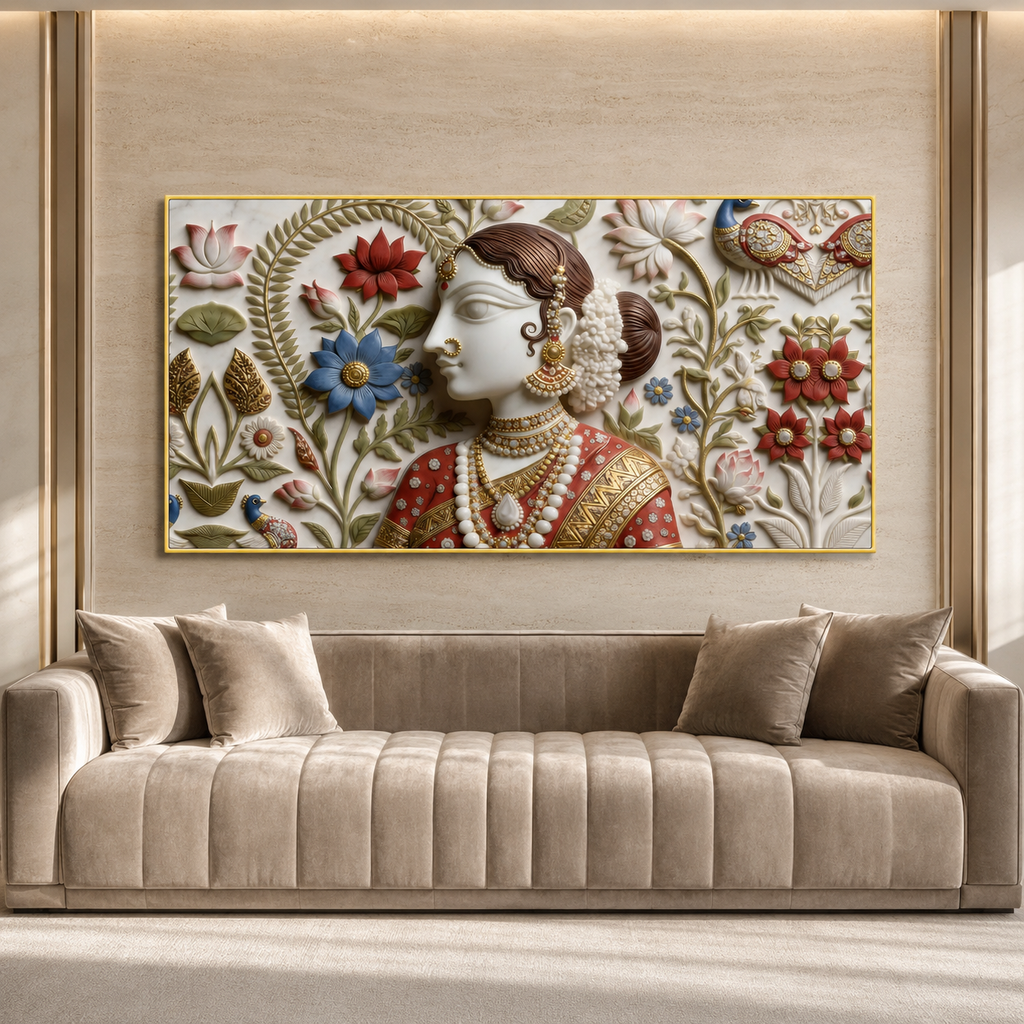 Luxury Indian Woman 3D Wall Painting with Floral Motifs and Traditional Jewelry