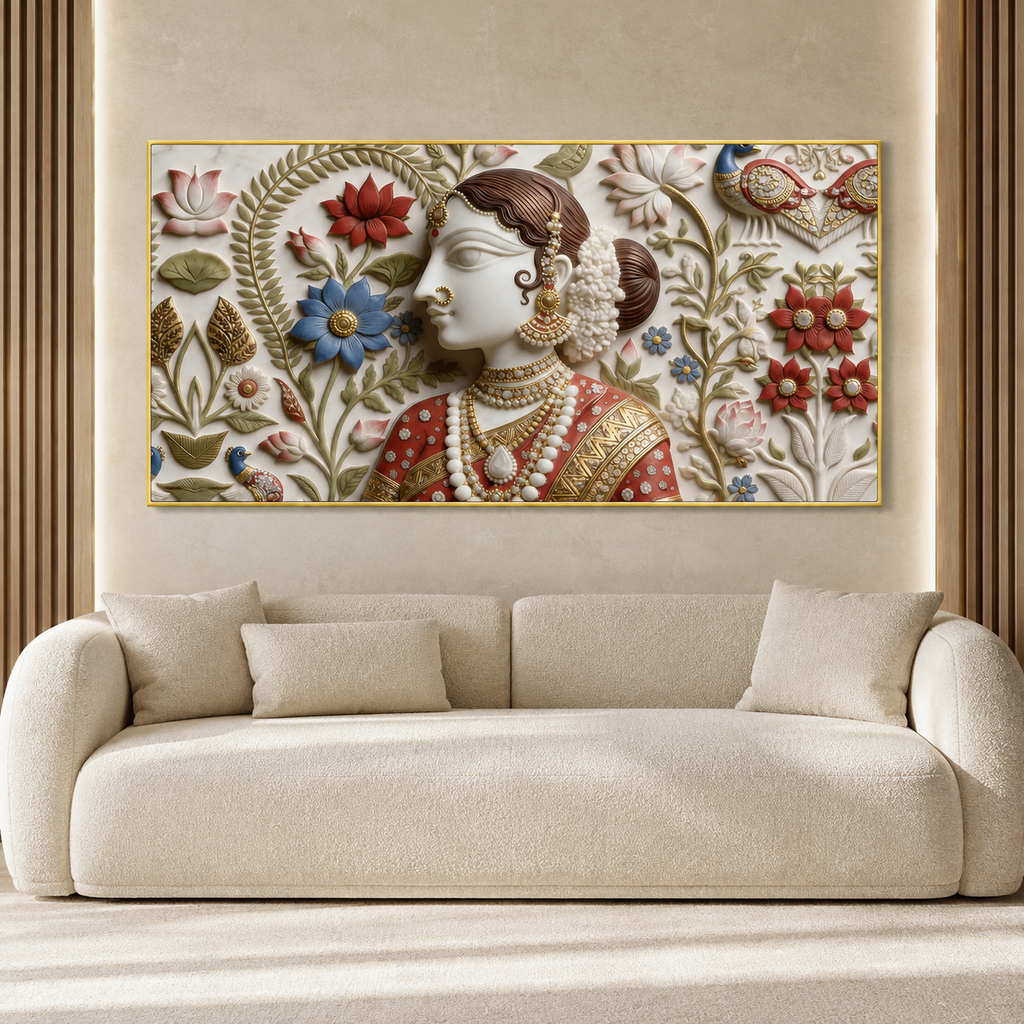 Luxury Indian Woman 3D Wall Painting with Floral Motifs and Traditional Jewelry