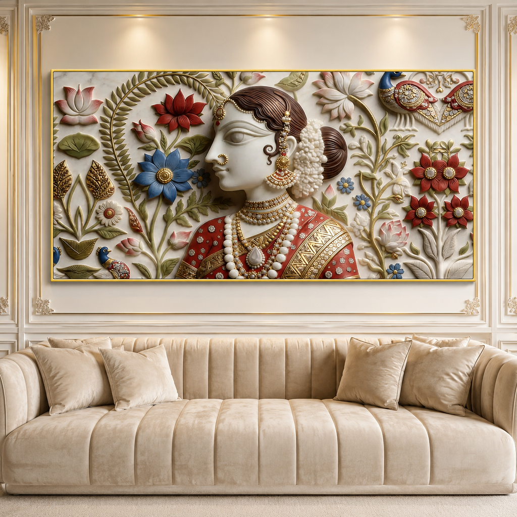 Luxury Indian Woman 3D Wall Painting with Floral Motifs and Traditional Jewelry