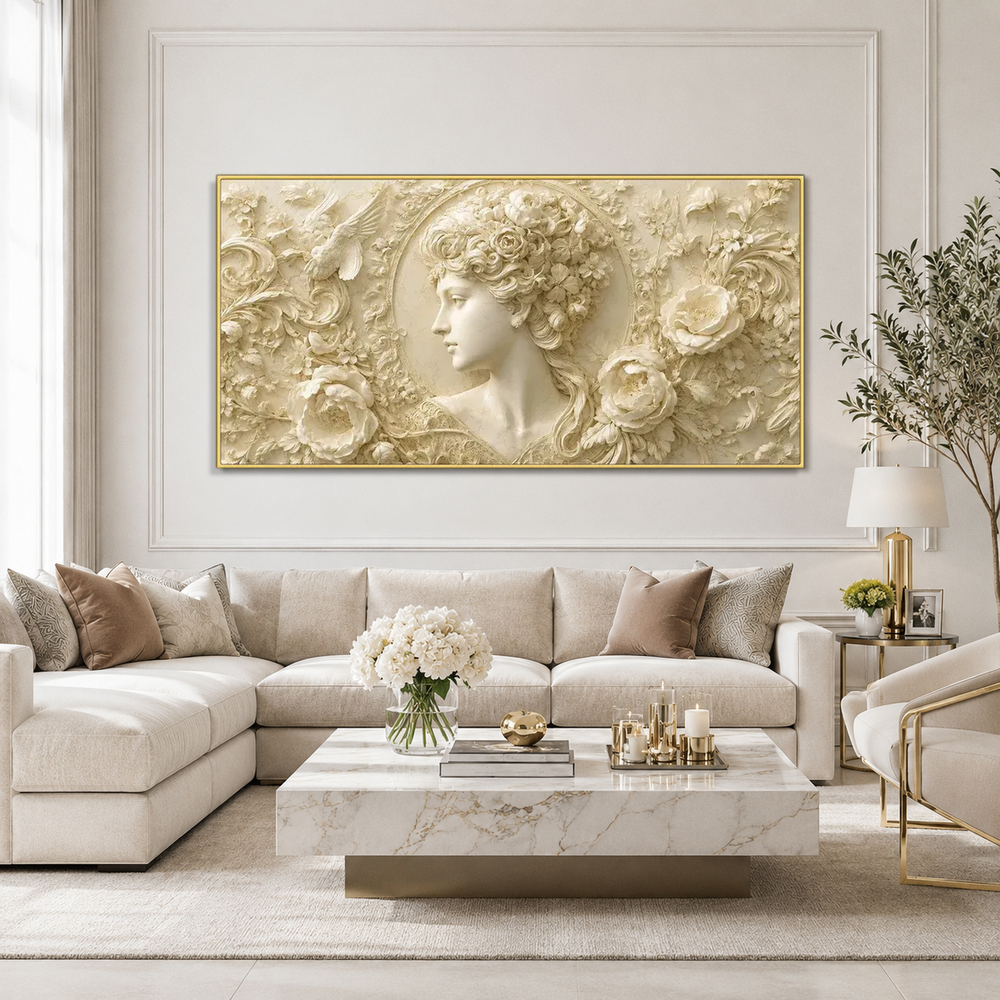 Vintage 3D Woman Portrait Wall Art with Embossed Flowers Roses and Ornamental Texture