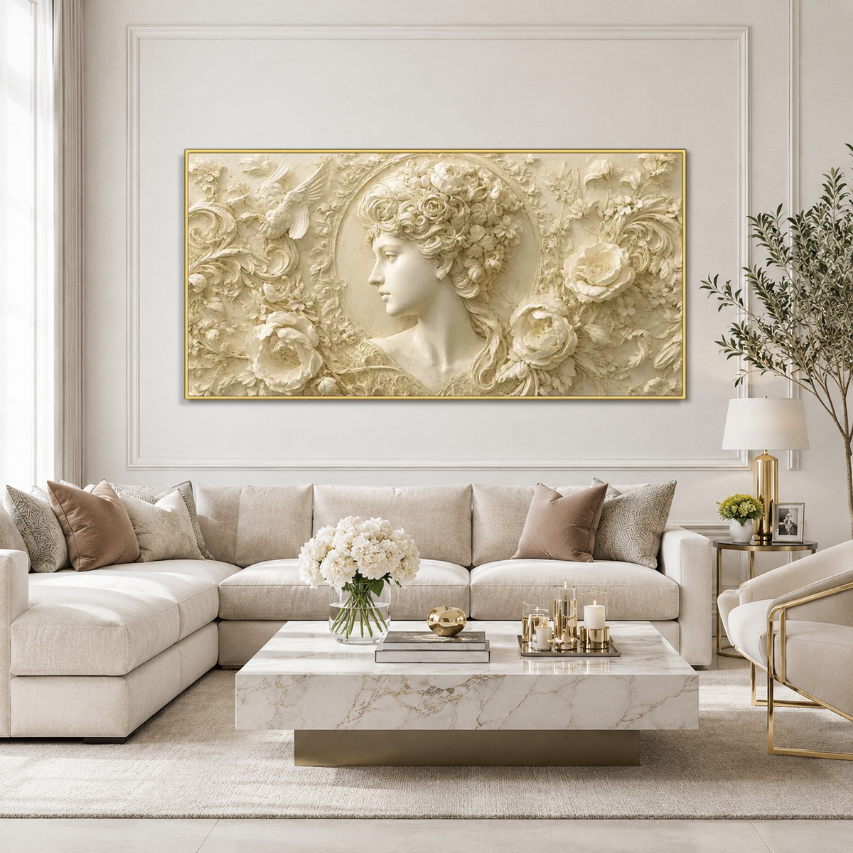 Vintage 3D Woman Portrait Wall Art with Embossed Flowers Roses and Ornamental Texture