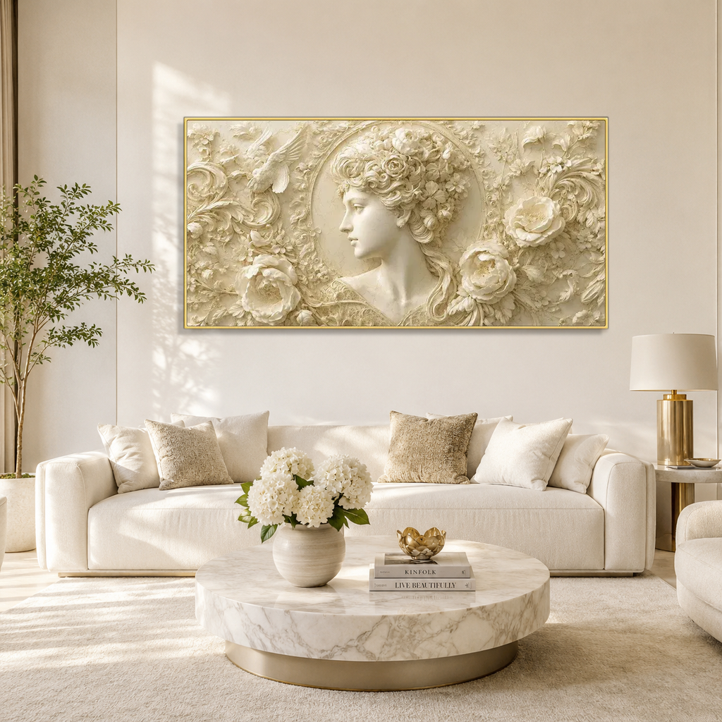 Vintage 3D Woman Portrait Wall Art with Embossed Flowers Roses and Ornamental Texture