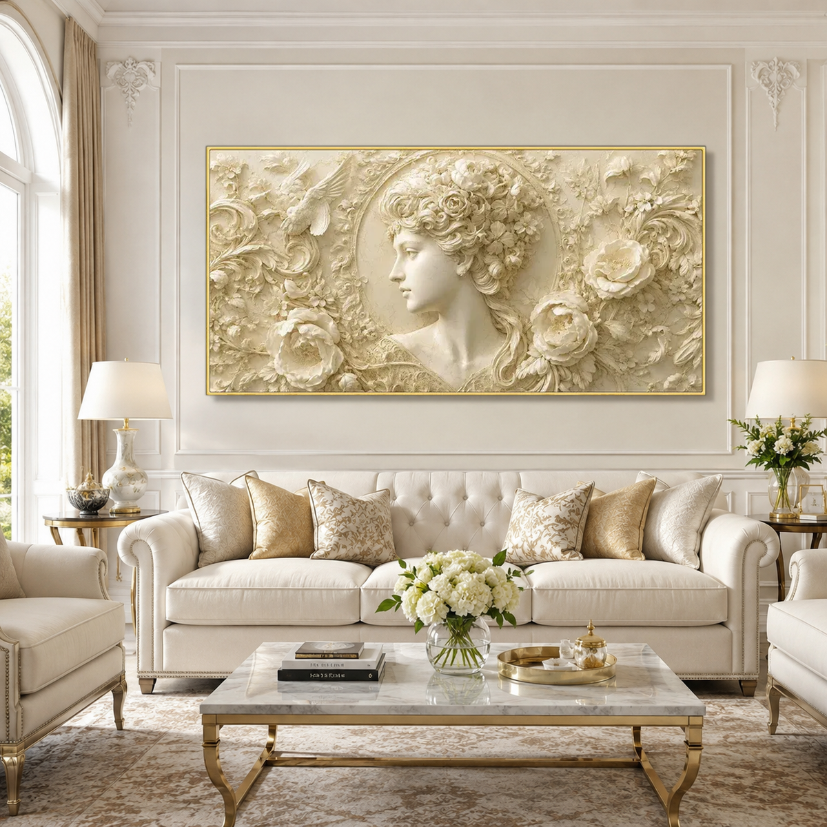 Vintage 3D Woman Portrait Wall Art with Embossed Flowers Roses and Ornamental Texture