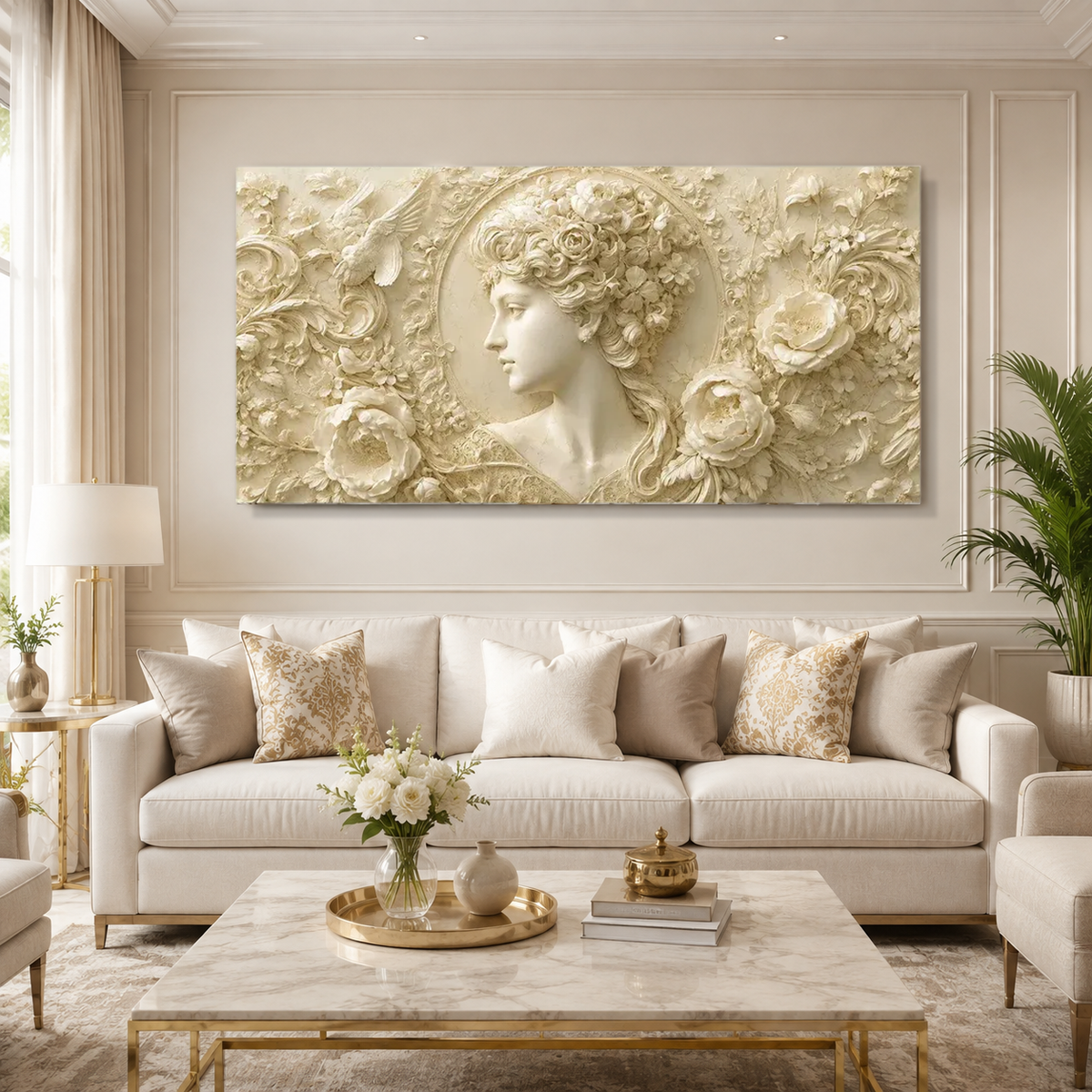 Vintage 3D Woman Portrait Wall Art with Embossed Flowers Roses and Ornamental Texture