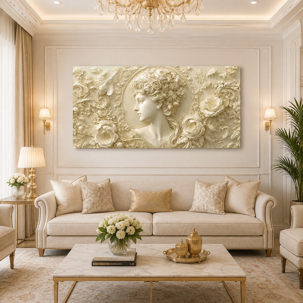 Vintage 3D Woman Portrait Wall Art with Embossed Flowers Roses and Ornamental Texture