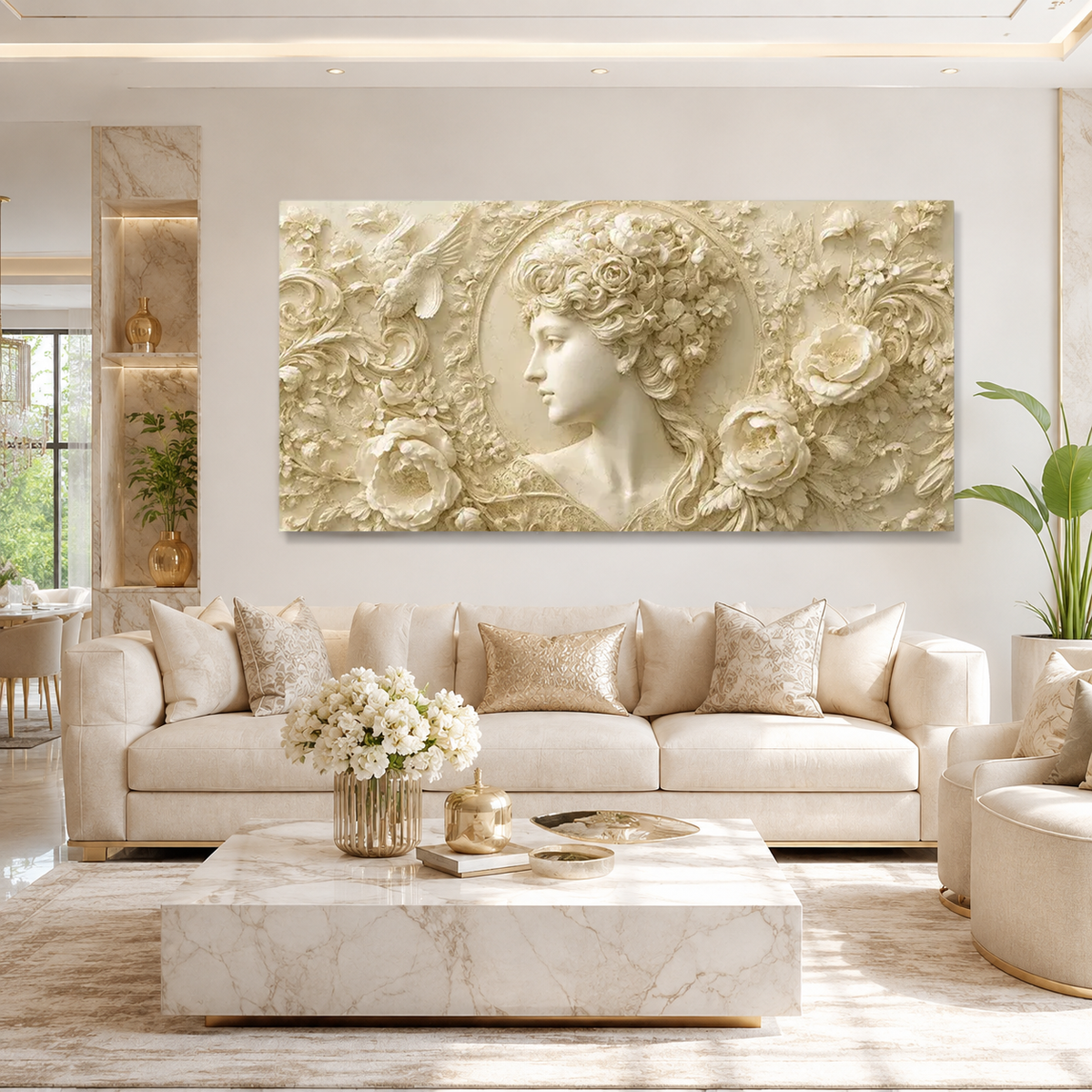 Vintage 3D Woman Portrait Wall Art with Embossed Flowers Roses and Ornamental Texture