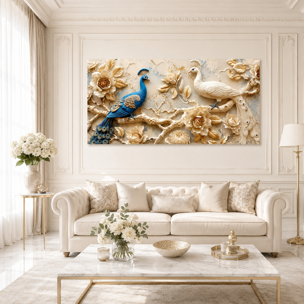 Luxury 3D Peacock Painting with Two Elegant Birds Floral Embossed Texture Golden Leaves and Decorative Wall Art
