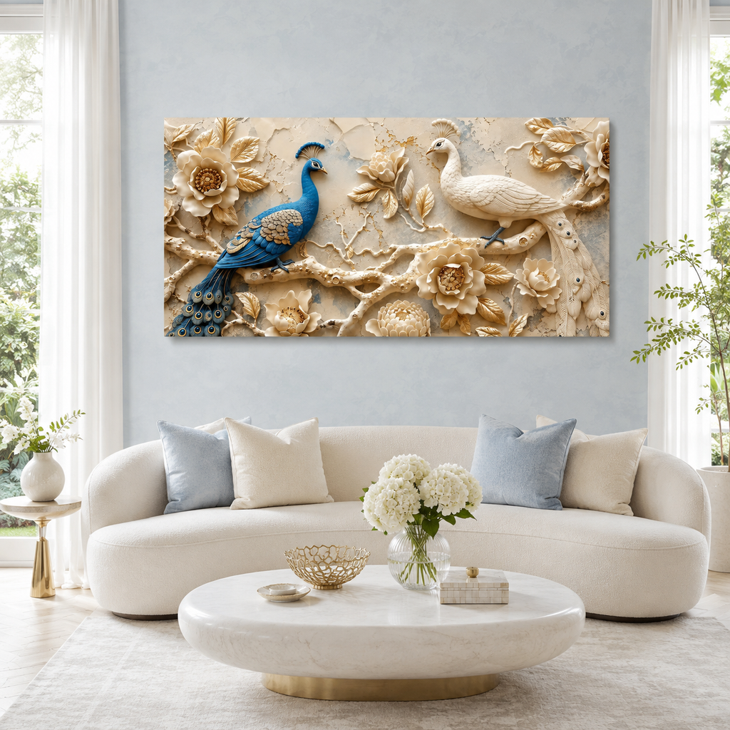 Luxury 3D Peacock Painting with Two Elegant Birds Floral Embossed Texture Golden Leaves and Decorative Wall Art