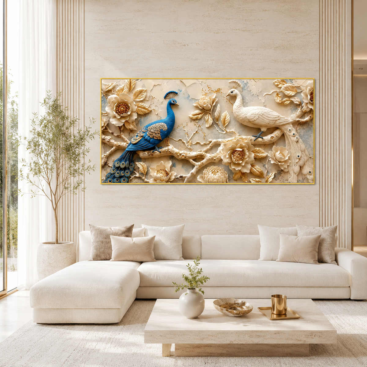 Luxury 3D Peacock Painting with Two Elegant Birds Floral Embossed Texture Golden Leaves and Decorative Wall Art
