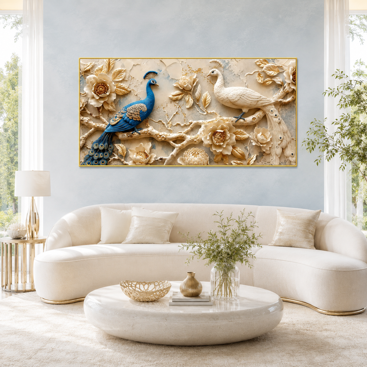 Luxury 3D Peacock Painting with Two Elegant Birds Floral Embossed Texture Golden Leaves and Decorative Wall Art