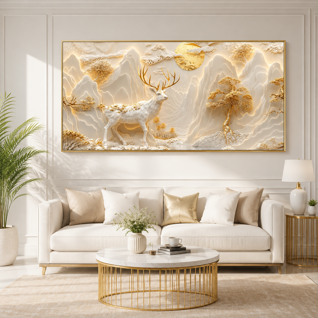 Golden and White 3D Deer Wall Art Featuring Majestic Stag Mountain Peaks Moon and Sculpted Trees