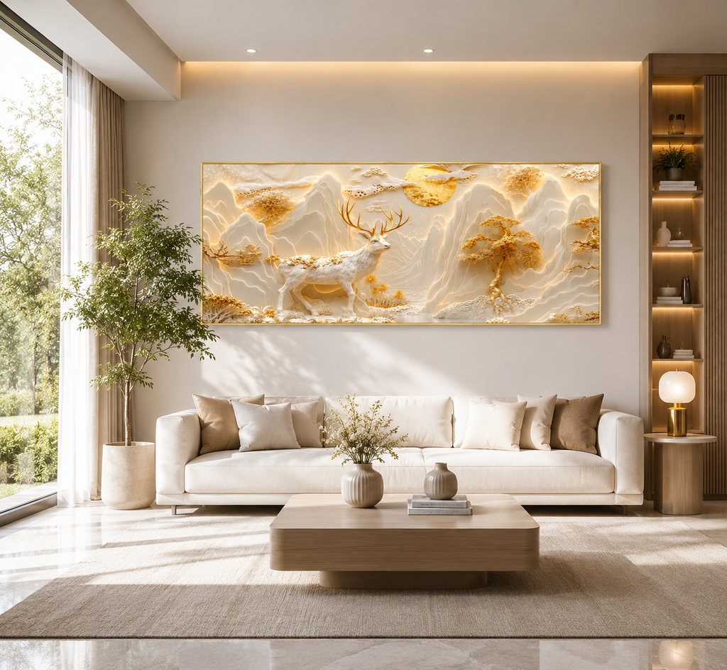 Golden and White 3D Deer Wall Art Featuring Majestic Stag Mountain Peaks Moon and Sculpted Trees