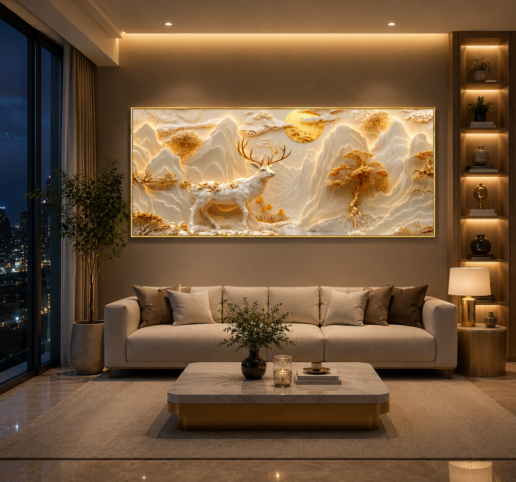 Golden and White 3D Deer Wall Art Featuring Majestic Stag Mountain Peaks Moon and Sculpted Trees