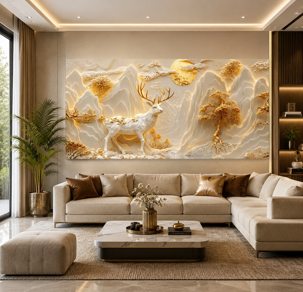 Golden and White 3D Deer Wall Art Featuring Majestic Stag Mountain Peaks Moon and Sculpted Trees