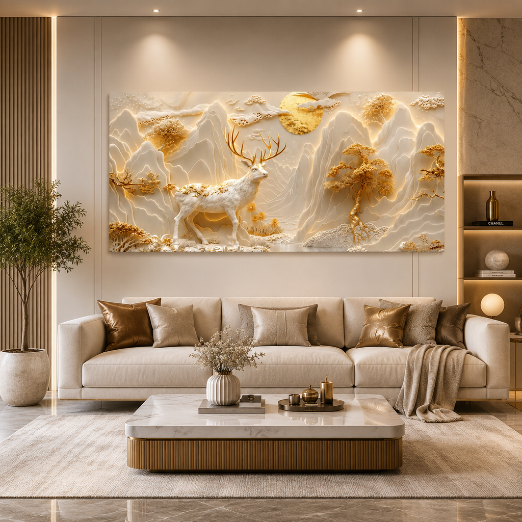 Golden and White 3D Deer Wall Art Featuring Majestic Stag Mountain Peaks Moon and Sculpted Trees