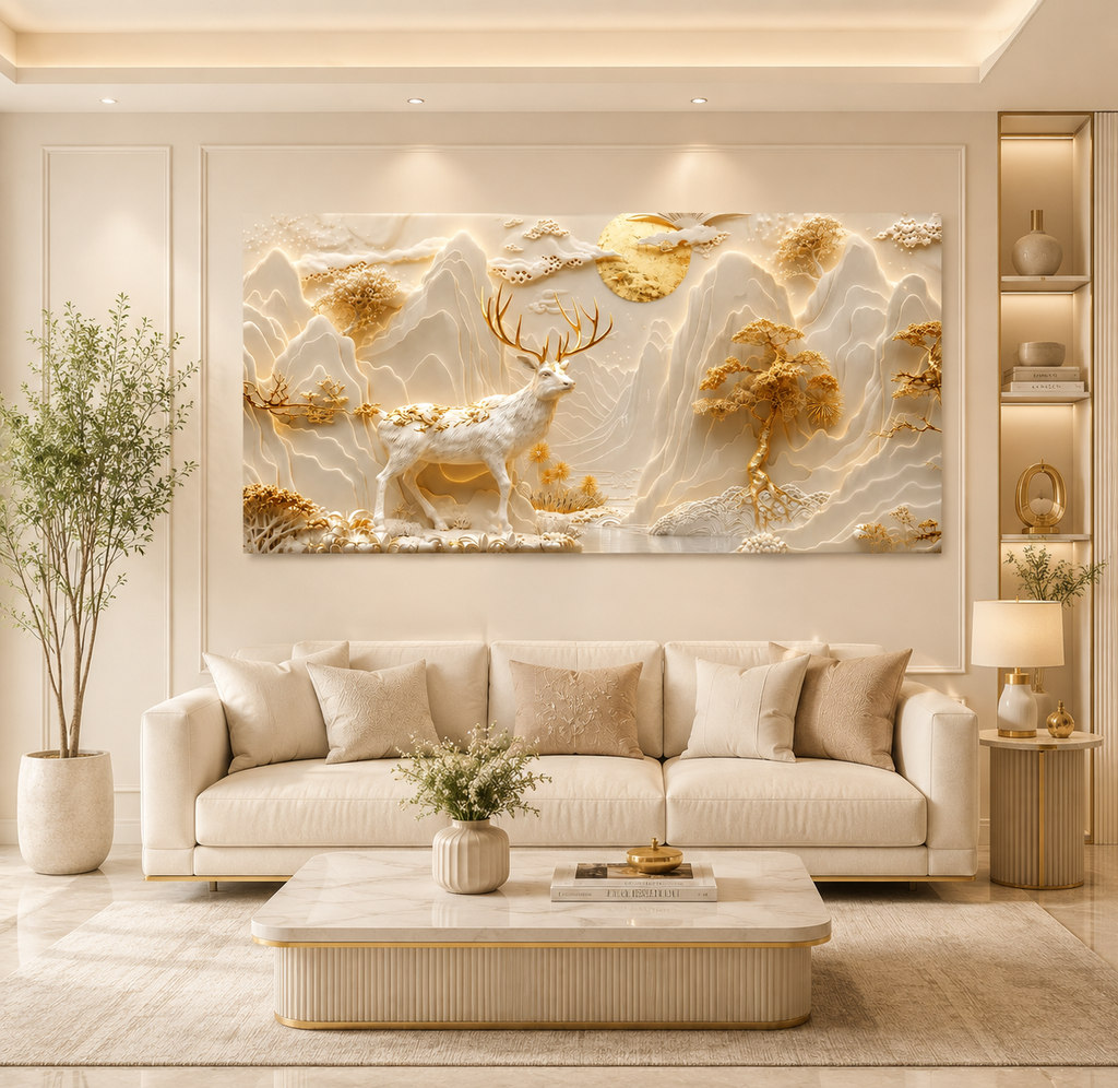 Golden and White 3D Deer Wall Art Featuring Majestic Stag Mountain Peaks Moon and Sculpted Trees