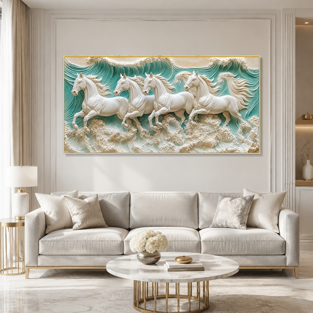 Luxury 3D Horse Painting with Four Majestic White Horses Running Through Ocean Waves Textured Wall Art