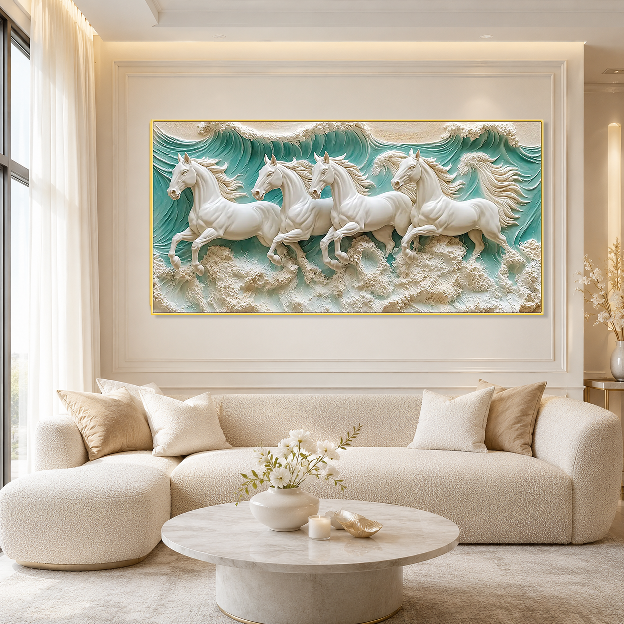 Luxury 3D Horse Painting with Four Majestic White Horses Running Through Ocean Waves Textured Wall Art