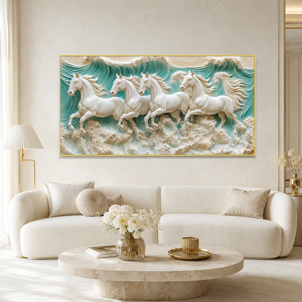 Luxury 3D Horse Painting with Four Majestic White Horses Running Through Ocean Waves Textured Wall Art