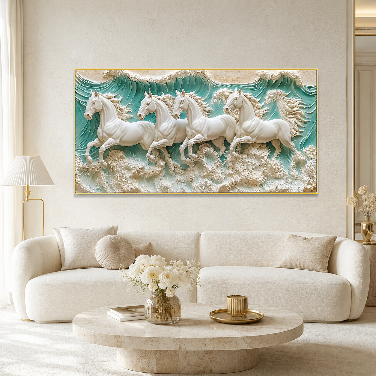 Luxury 3D Horse Painting with Four Majestic White Horses Running Through Ocean Waves Textured Wall Art