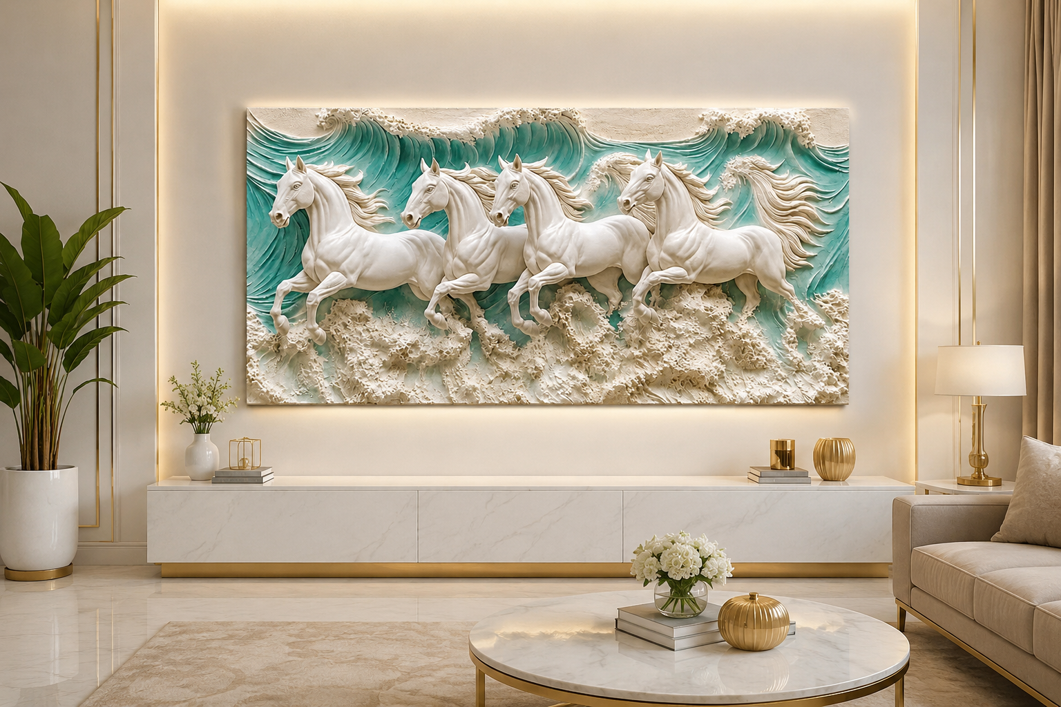 Luxury 3D Horse Painting with Four Majestic White Horses Running Through Ocean Waves Textured Wall Art