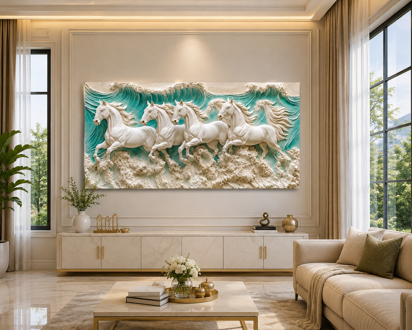 Luxury 3D Horse Painting with Four Majestic White Horses Running Through Ocean Waves Textured Wall Art