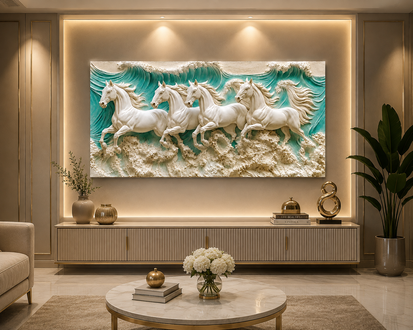 Luxury 3D Horse Painting with Four Majestic White Horses Running Through Ocean Waves Textured Wall Art