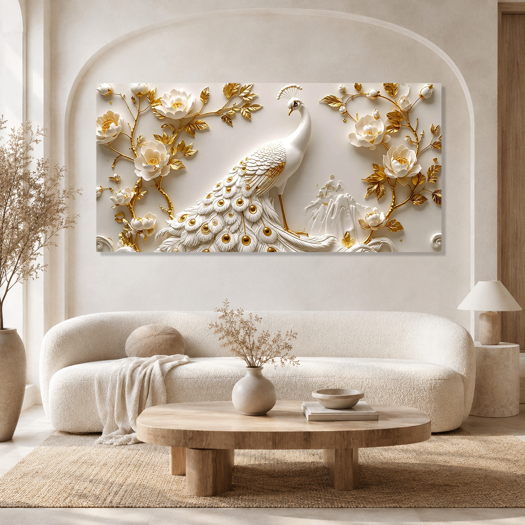 Modern Luxury 3D Peacock Wall Painting with White Feathers Golden Accents Floral Relief Flowers