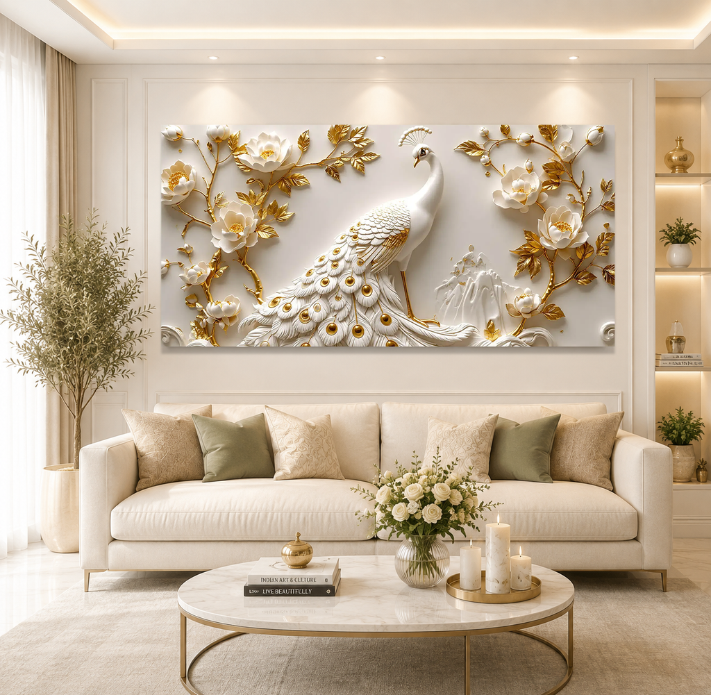 Modern Luxury 3D Peacock Wall Painting with White Feathers Golden Accents Floral Relief Flowers
