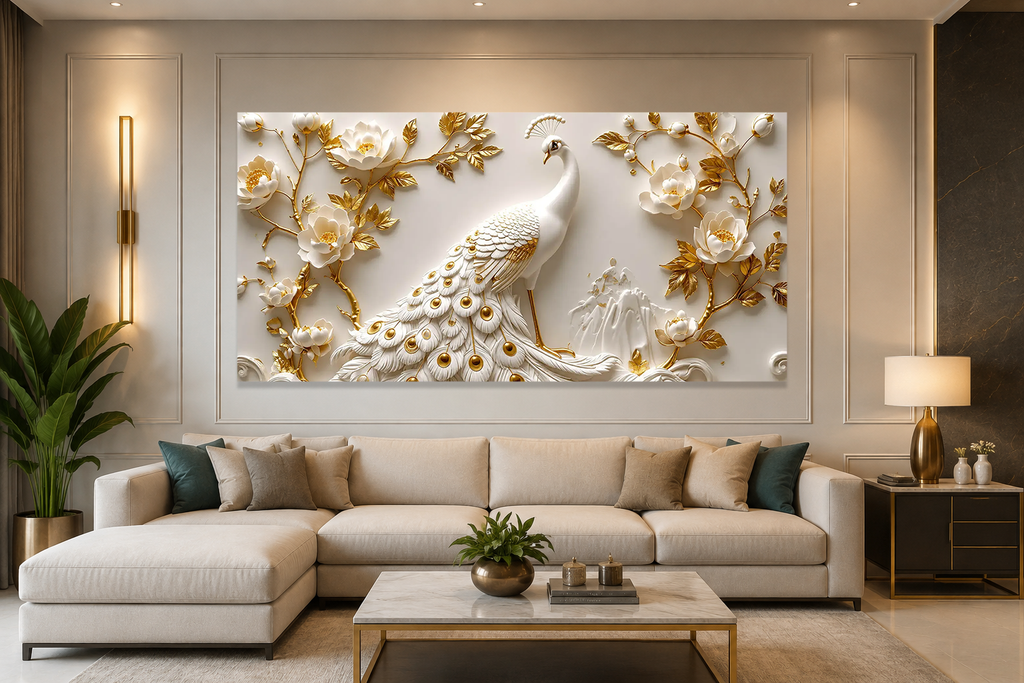 Modern Luxury 3D Peacock Wall Painting with White Feathers Golden Accents Floral Relief Flowers
