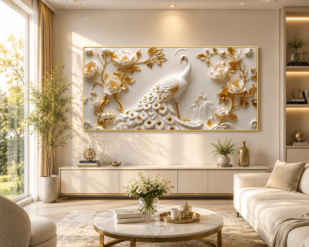 Modern Luxury 3D Peacock Wall Painting with White Feathers Golden Accents Floral Relief Flowers