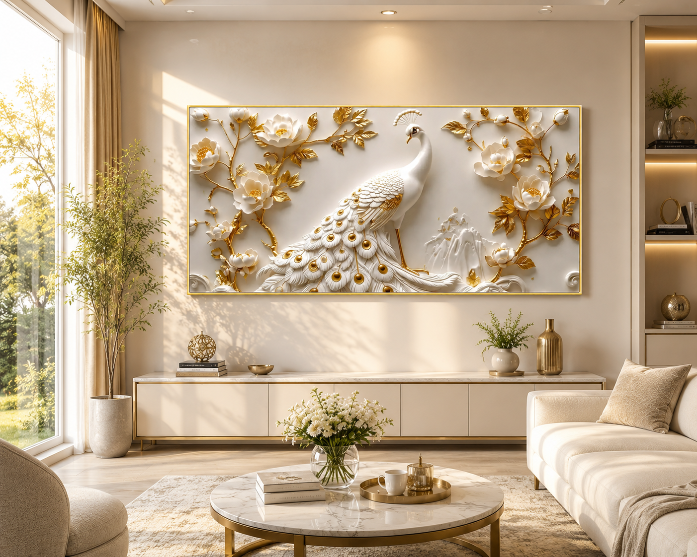 Modern Luxury 3D Peacock Wall Painting with White Feathers Golden Accents Floral Relief Flowers