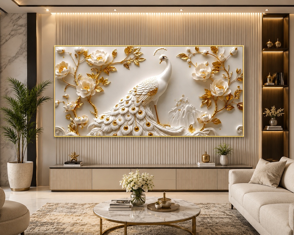 Modern Luxury 3D Peacock Wall Painting with White Feathers Golden Accents Floral Relief Flowers