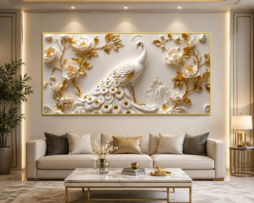 Modern Luxury 3D Peacock Wall Painting with White Feathers Golden Accents Floral Relief Flowers