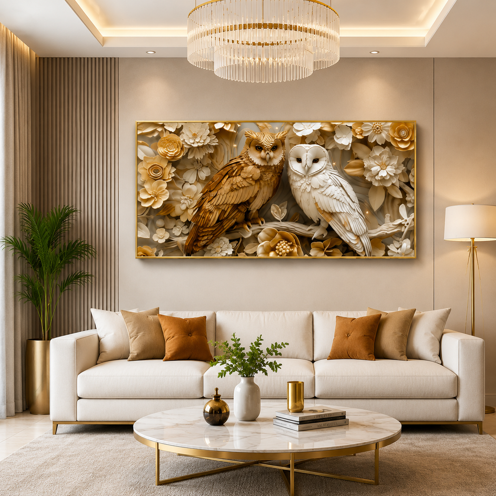 Royal Golden Owl Pair 3D Embossed Wall Art Canvas Print Frame