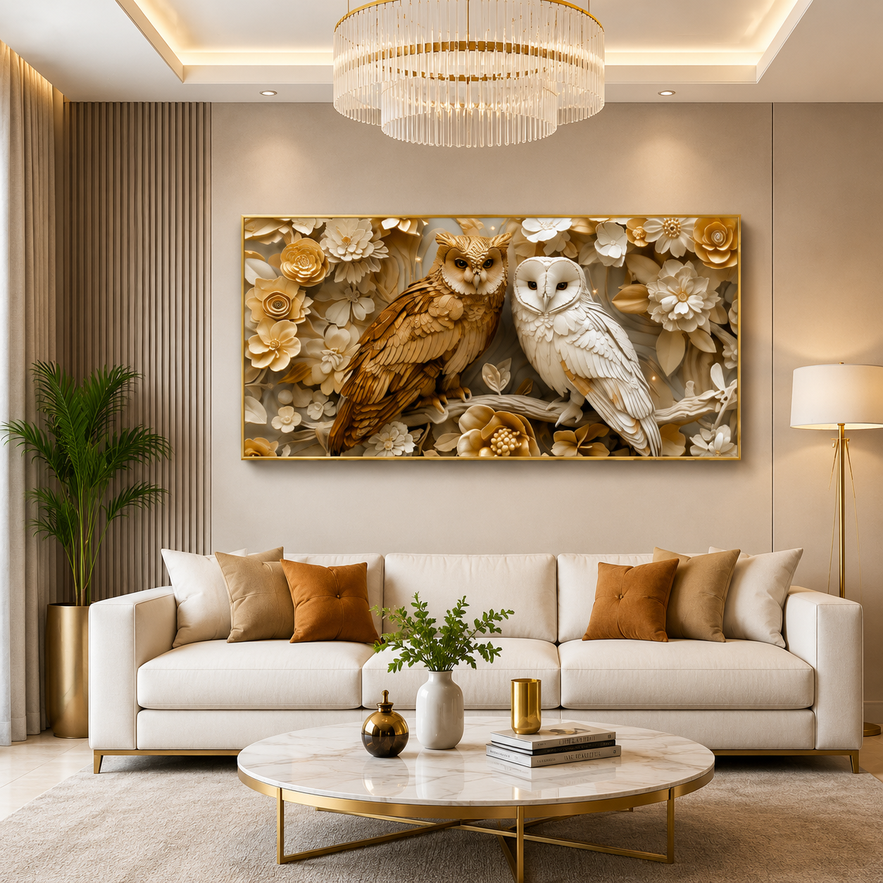 Royal Golden Owl Pair 3D Embossed Wall Art Canvas Print Frame
